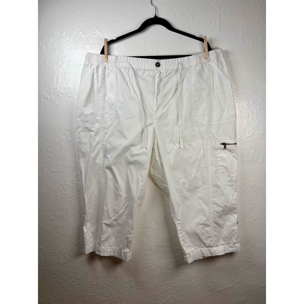 Capri Pants 26W White Cotton Cargo Roll Tab Cropped Coastal Travel Beachy Cruise